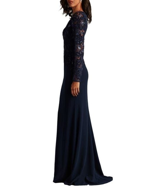 Tadashi Shoji Blue Embroidered Bodice Long Sleeve Gown