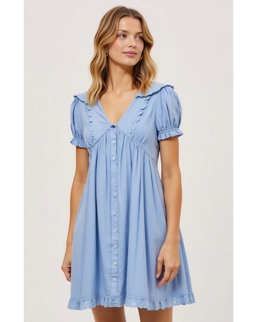 Modenaire Blue Button-Front Puff Sleeve Lace Trim Ruffle Detail Mini Dress