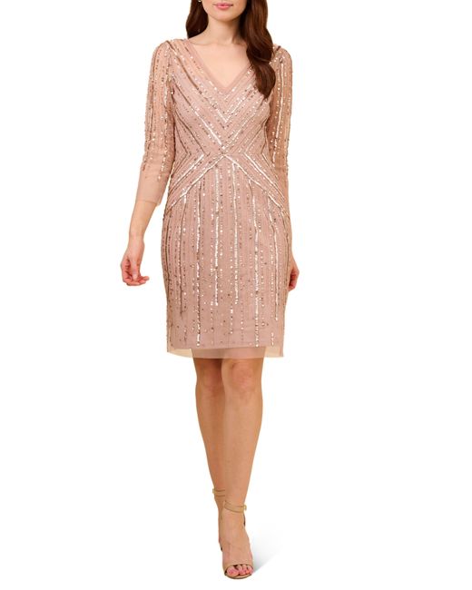 Adrianna Papell Pink Sequin Stripe Beaded Mesh Cocktail Dress
