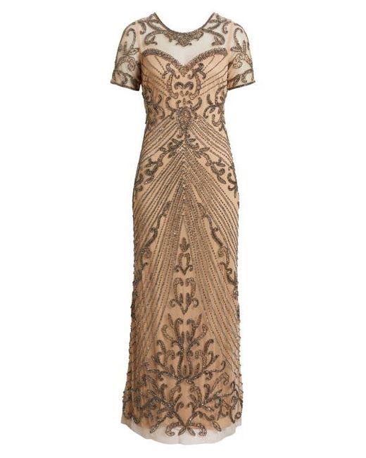Pisarro Nights Brown Illusion Beaded Mesh Column Gown