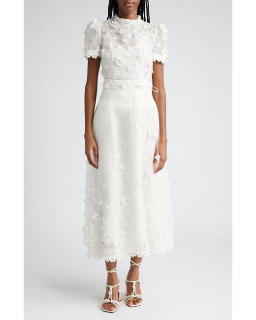Zimmermann White Matchmaker Floral Appliqué Linen & Silk Organza Skirt