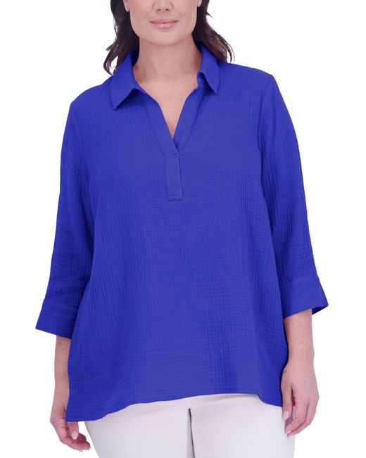 Foxcroft Blue Sophia Cotton Gauze Popover Shirt