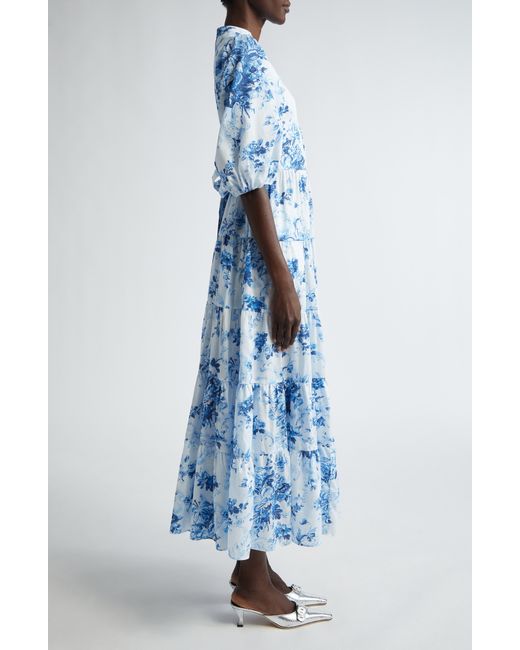 Erdem Blue Floral Print Tiered Dress