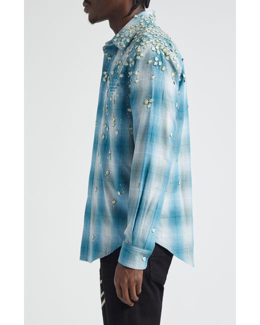 Amiri Blue Floral & Crystal Embellished Plaid Flannel Button-up Shirt for men