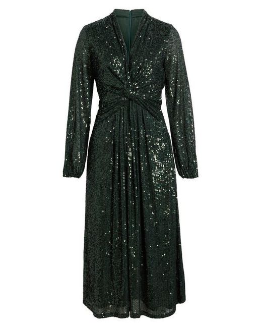 Anne Klein Green Sequin Twist Front Long Sleeve Midi Dress