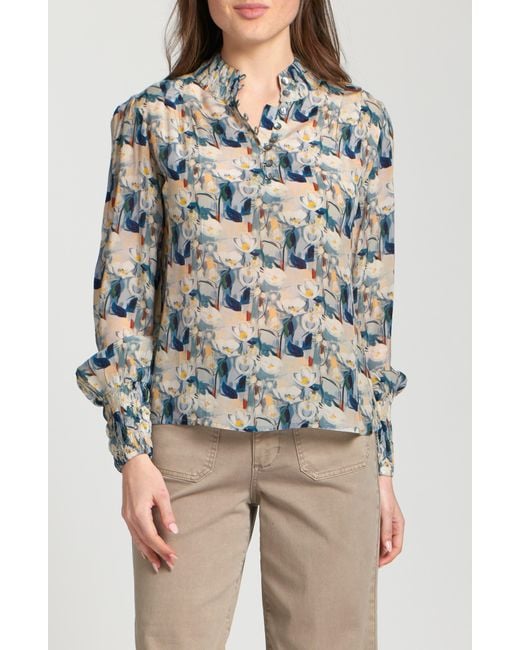 Apny Blue Puff Shoulder Button Front Top