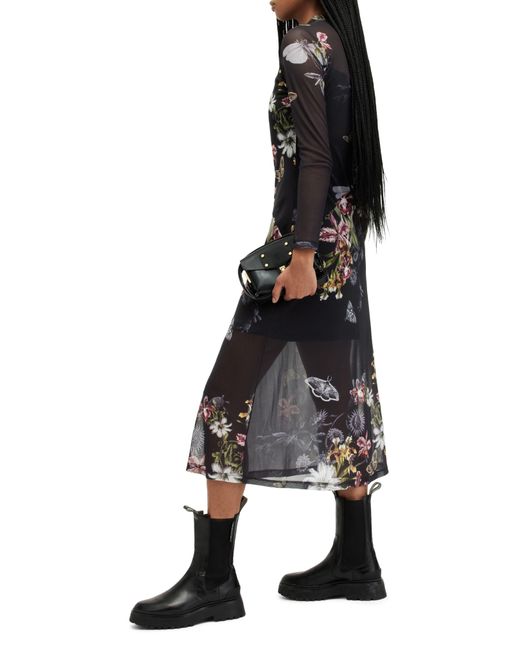 AllSaints Black Hanna Sanibel Floral Print Long Sleeve Mesh Maxi Dress