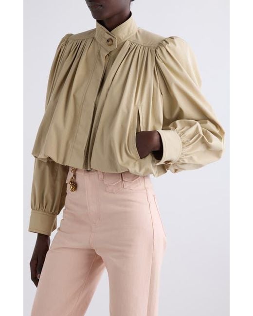 Chloé Natural Puff Sleeve Gathered Cotton Gabardine Crop Jacket