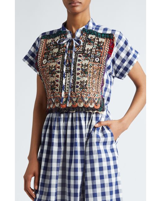 Tao Comme Des Garçons White Gingham Cotton Midi Dress With Hand Embroidered Overlay