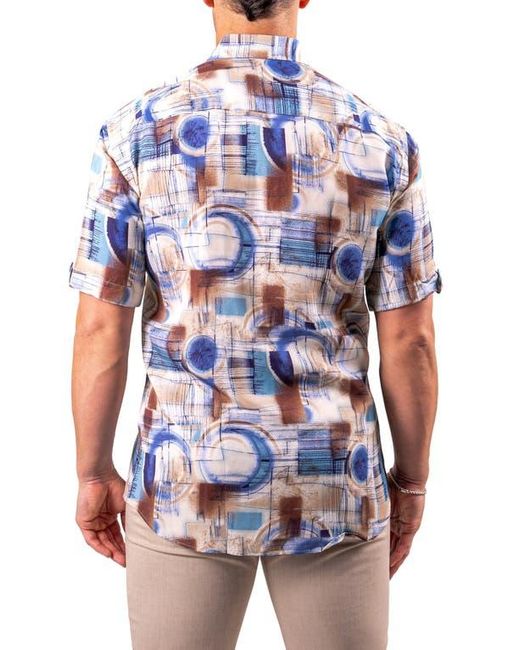 Maceoo Blue Galileo Resistance Abstract Print Short Sleeve Button-Up Shirt for men