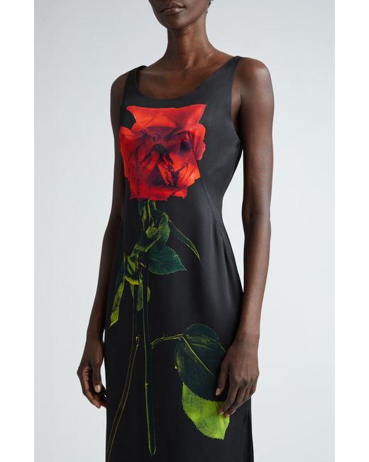 Alexander McQueen Black Rose Print Silk Cocktail Dress
