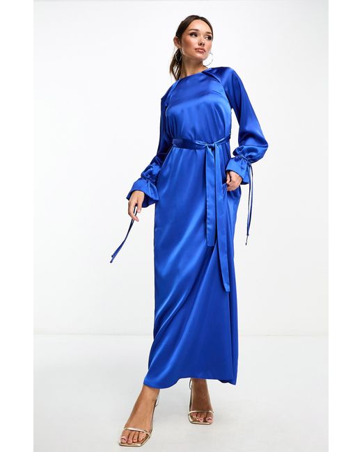 ASOS Blue Belted Long Sleeve Satin Maxi Dress