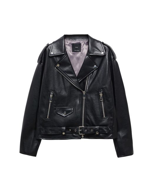 Mango Black Oversize Faux Leather Moto Jacket