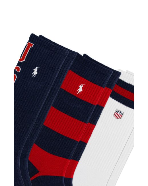 Polo Ralph Lauren Blue Assorted 3-pack Stripe & Solid Crew Socks for men