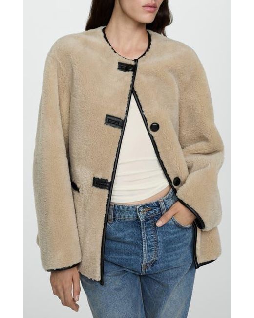 Mango Natural Contrast Faux Leather Trim Faux Fur Toggle Coat
