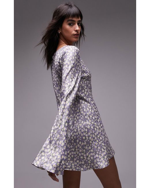 TOPSHOP Gray Floral Long Sleeve Minidress