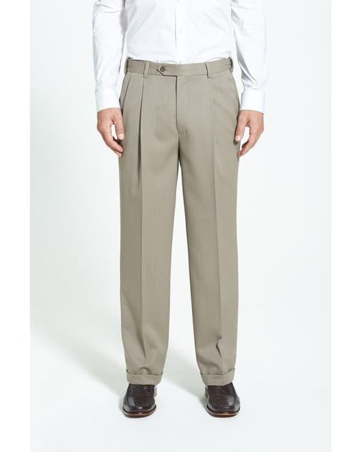 Berle Gray Self Sizer Waist Pleated Classic Fit Wool Gabardine Dress Pants for men