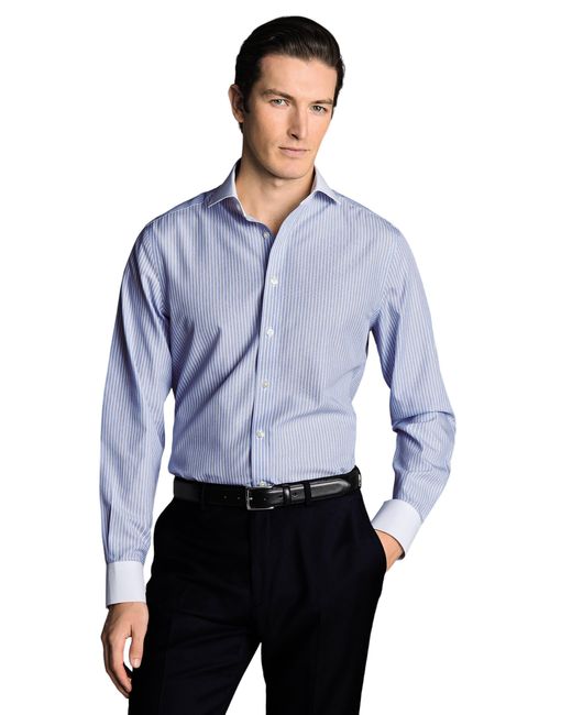 Charles Tyrwhitt Blue Winchester Guard Stripe Non-iron Poplin Slim Fit Shirt Single Cuff for men