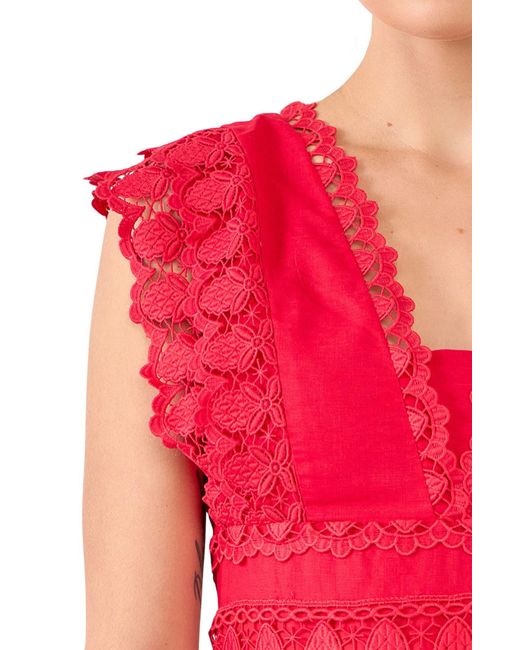 Endless Rose Red Plunge Neck Tie Lace Linen & Cotton Dress At Nordstrom