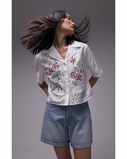 TOPSHOP Gray Embroidered Crop Cotton & Linen Shirt