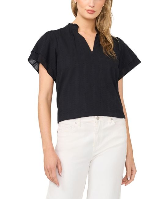 Halogen® Black Ruffle Neck Flutter Sleeve Cotton Top