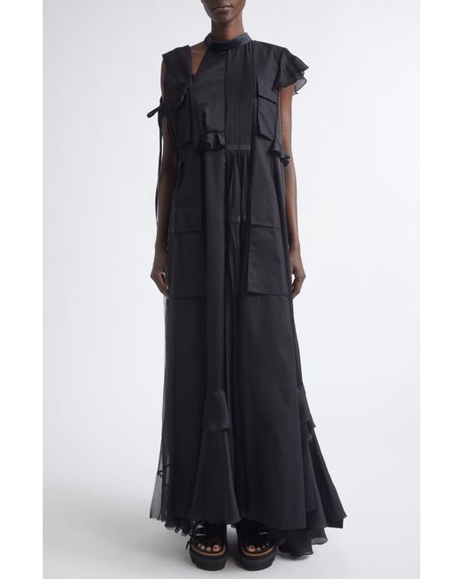 Sacai Mixed Media Maxi Dress in Black | Lyst
