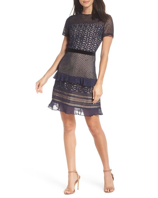 Chelsea28 Velveteen Belt Lace Sheath Dress in Navy
