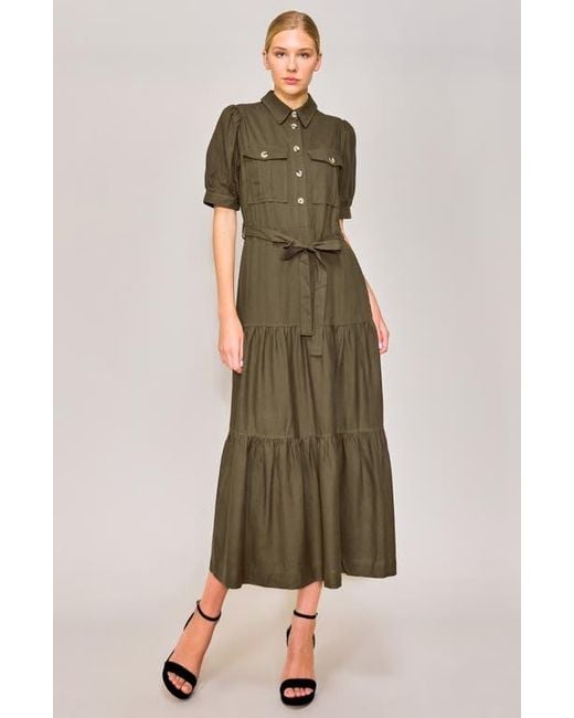MELLODAY Green Puff Sleeve Linen Blend Maxi Shirtdress