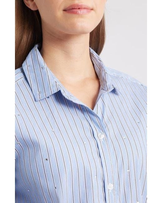 Beach Lunch Lounge Blue Lynden Embellished Stripe Cotton Blend Button-Up Shirt