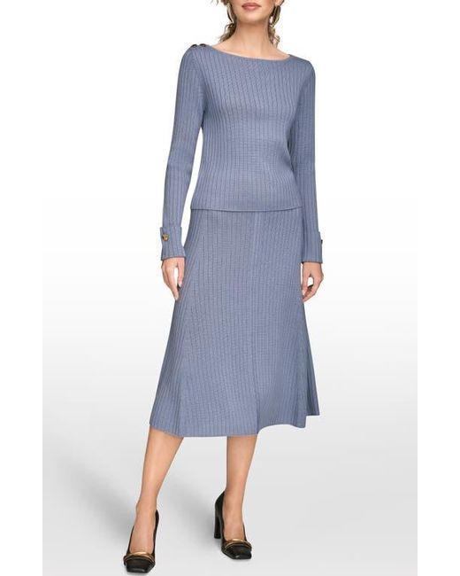 Donna Karan Blue Button Shoulder Boat Neck Rib Sweater