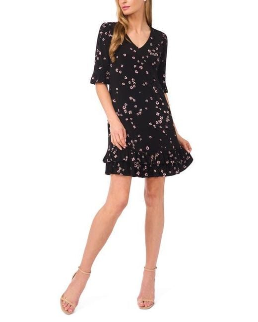 Cece Women's Black Floral Double Flounce Hem Knit Dress