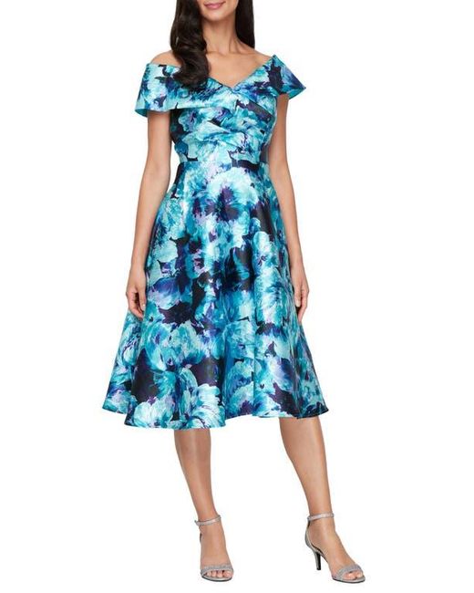 Alex Evenings Women's Blue Printed Mikado Off The Shoulder