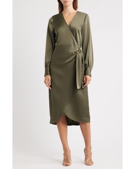 Sam Edelman Long Sleeve Faux Wrap Satin Dress in Green | Lyst