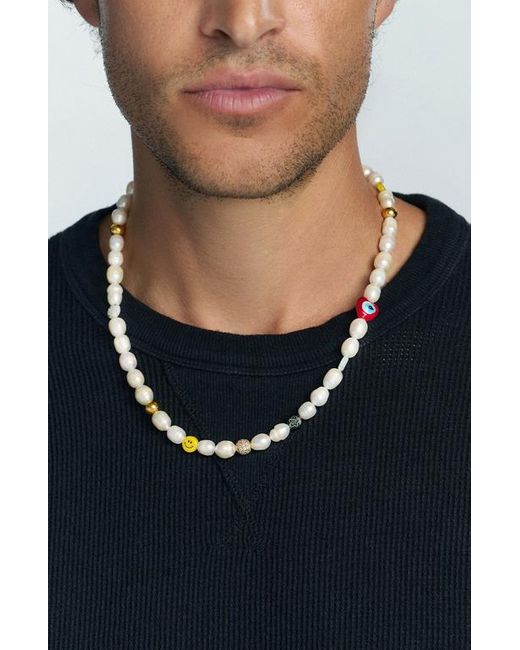 Nialaya White Smiley Face Pearl Necklace for men