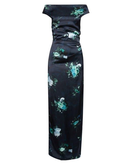 Erdem Blue Floral Print Off The Shoulder Duchesse Satin Gown