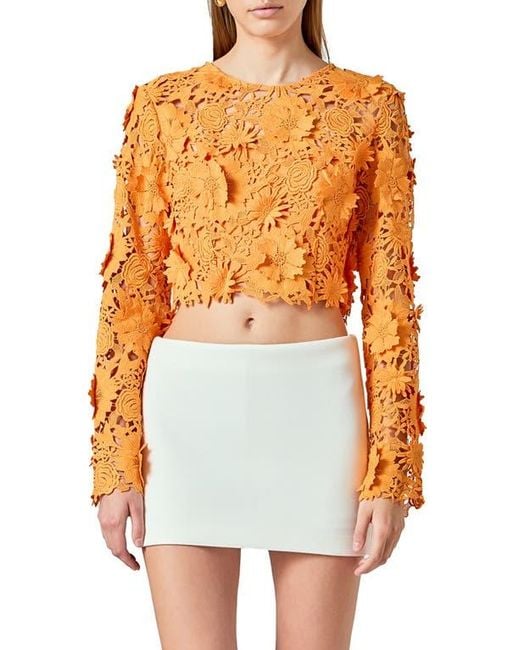 Endless Rose Orange Floral Lace Long Sleeve Crop Top