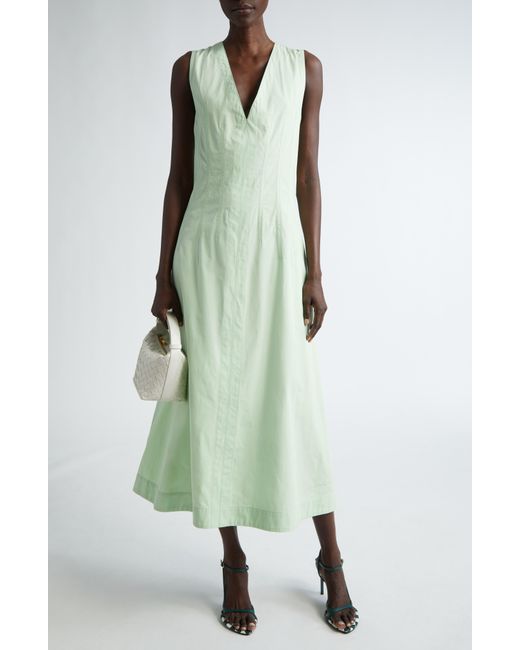 Bottega Veneta Green Compact Deep V-neck Sleeveless Cotton Blend Dress