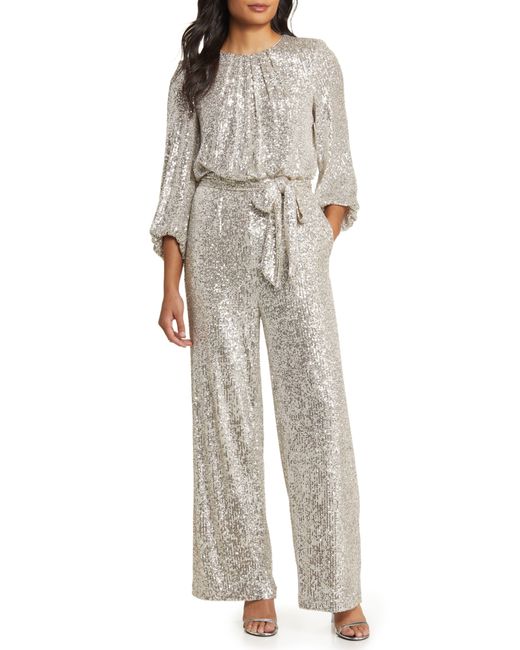 Vince Camuto Natural Sequin Long Sleeve Jumpsuit
