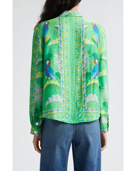 Farm Rio Green Macaw Scarf Print Button-up Shirt