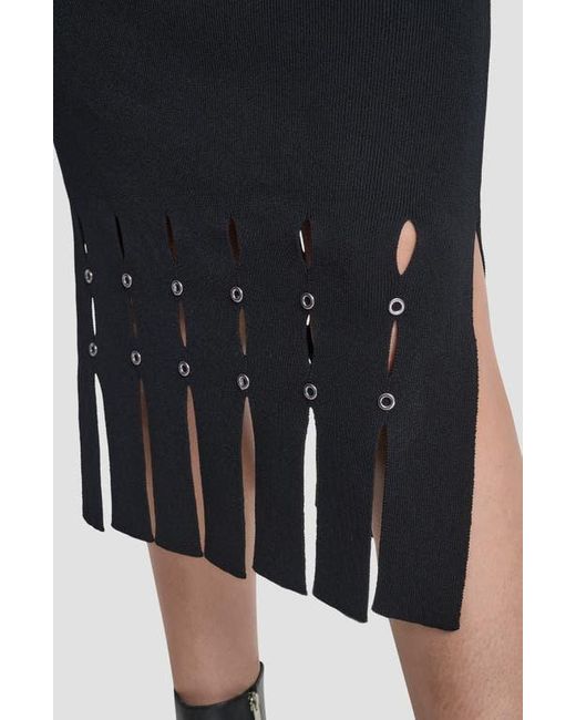 DKNY Black Grommet Trim Fringe Hem Sweater Midi Skirt