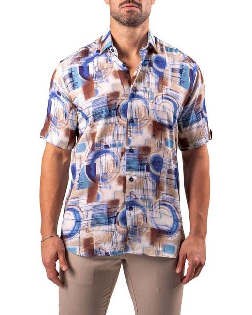 Maceoo Blue Galileo Resistance Abstract Print Short Sleeve Button-Up Shirt for men