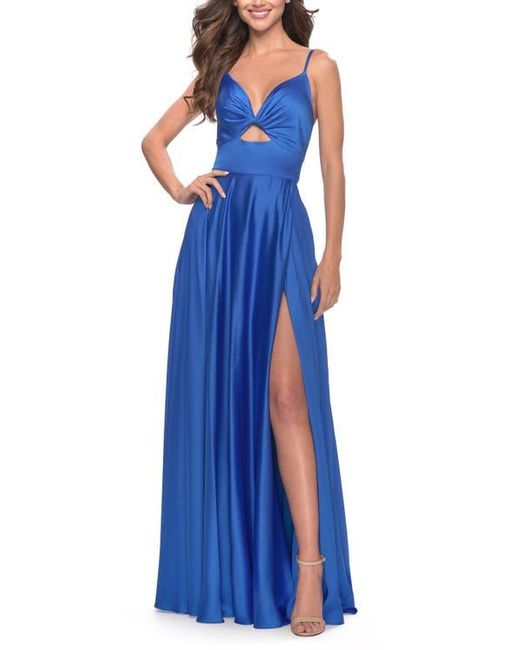 La Femme Blue Satin A-Line Gown With Cut Out And Twist Bodice