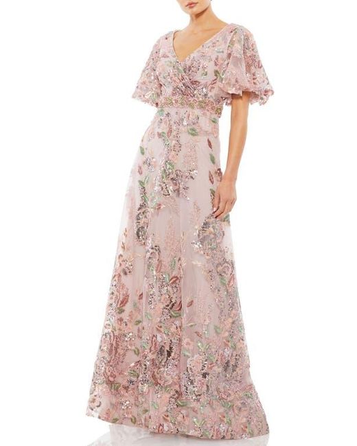 Mac Duggal Women's Pink Floral Embellished Short Sleeve Faux Wrap Gown