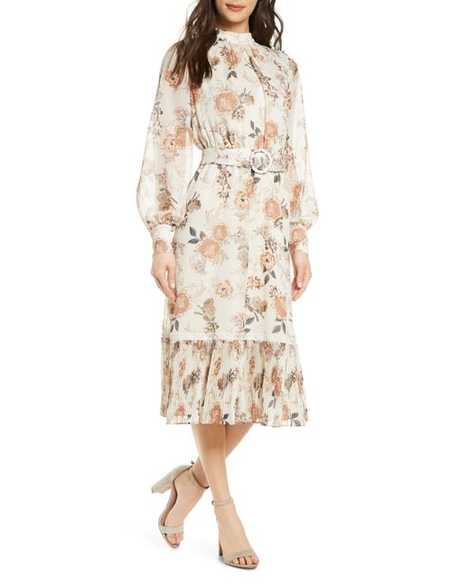 EVER NEW Natural Floral Pleat Flounce Long Sleeve Dress