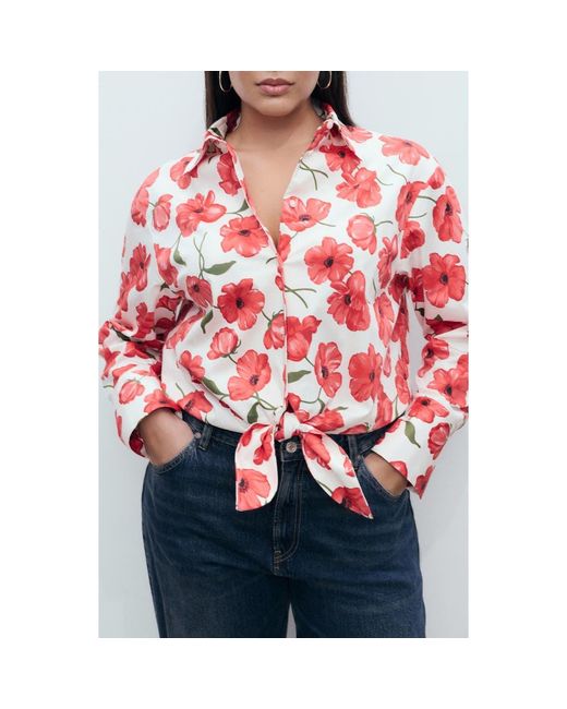 Mango Red Floral Print Cropped Button-Up Shirt