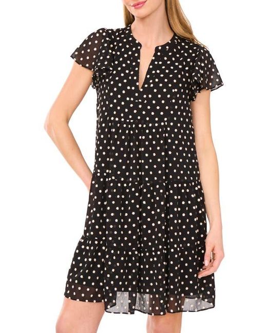 Cece Black Embroidered Floral Flutter Sleeve Tiered Minidress