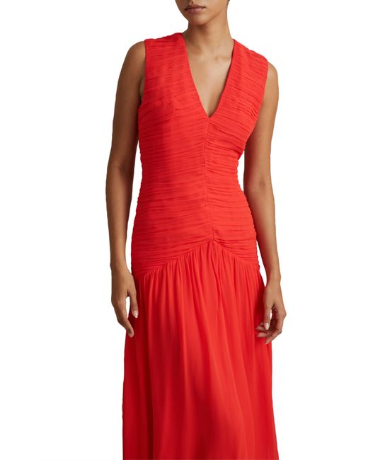 Reiss Red Saffy Ruched Mesh Midi Dress