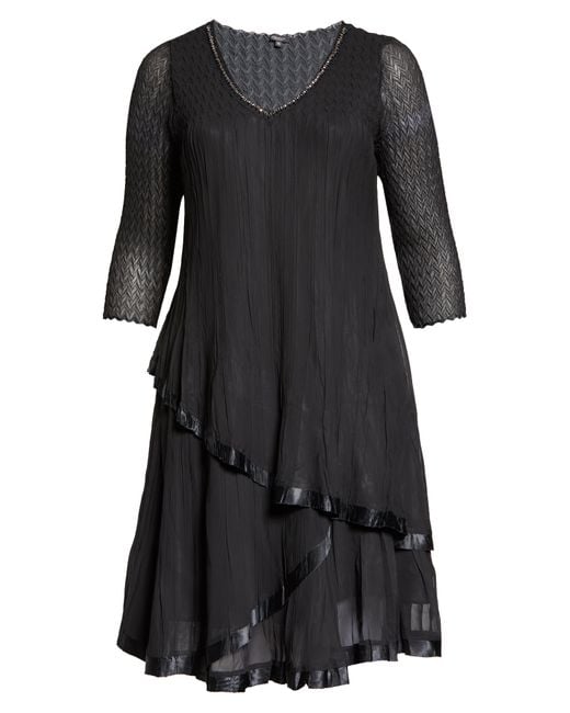 Komarov Black Beaded V-neck Layered Cocktail Dress