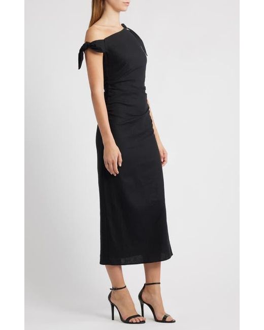 Wayf Black Clio Tie Shoulder Linen Blend Midi Dress