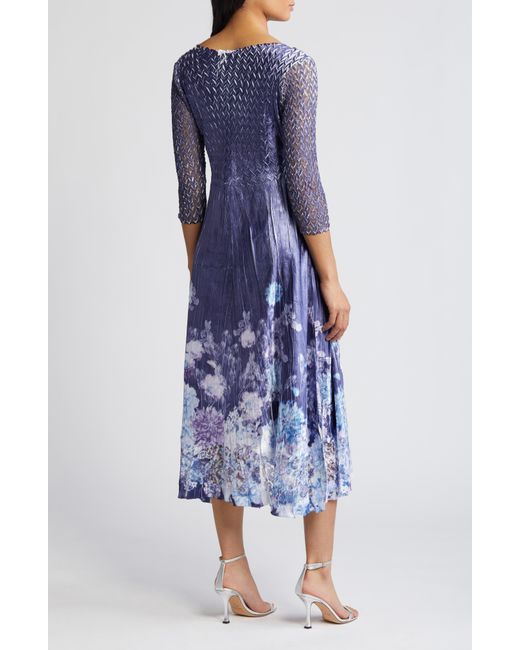 Komarov Blue Floral Print Charmeuse & Lace Cocktail Midi Dress
